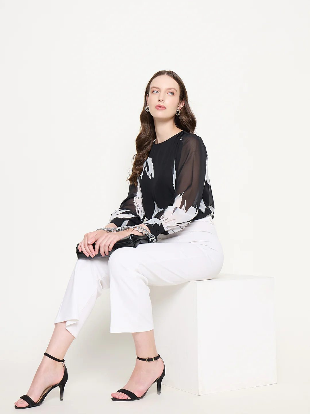 Madame Botanical Print Round Neck Black Top - Image 2