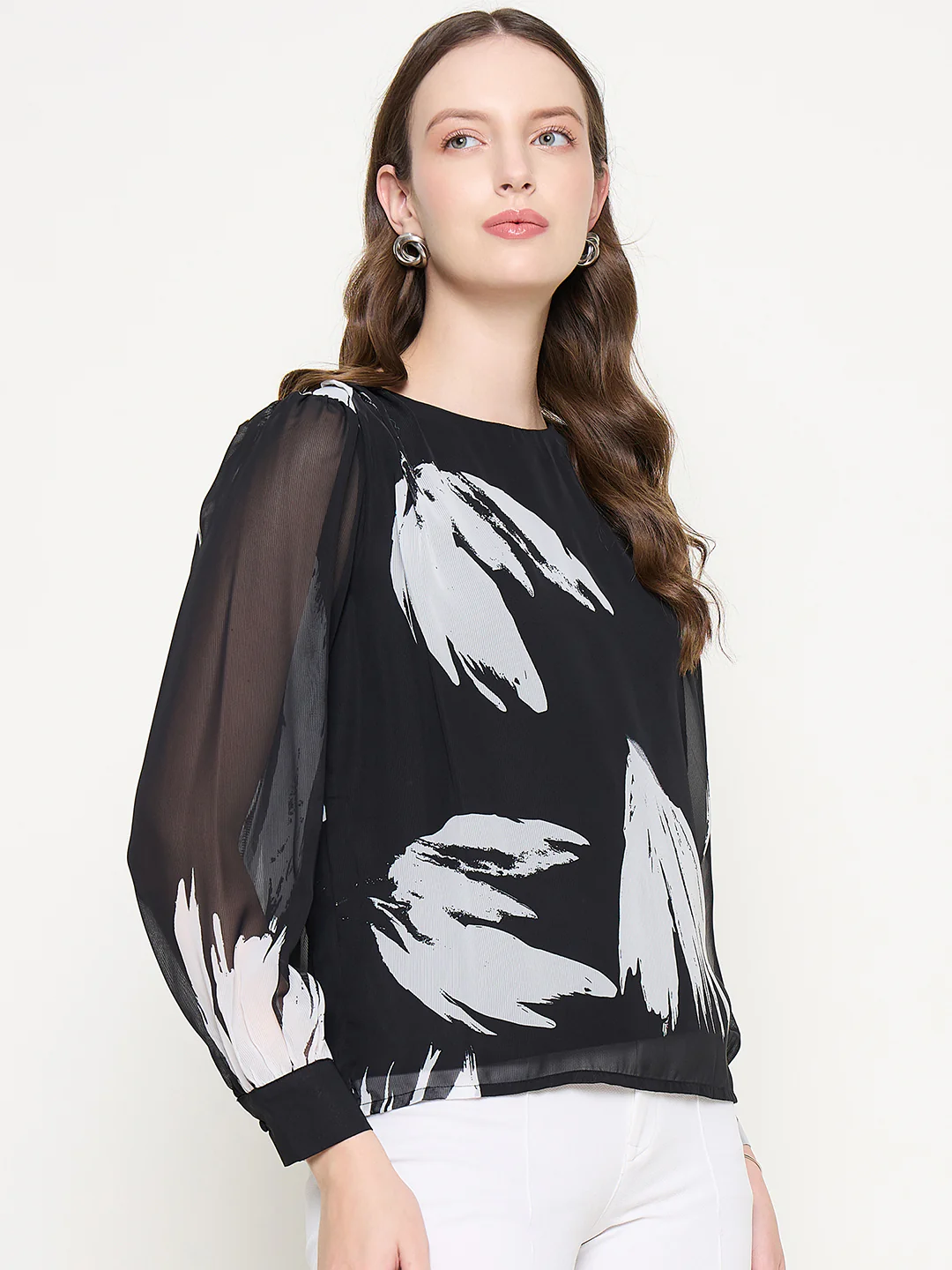 Madame Botanical Print Round Neck Black Top - Image 4