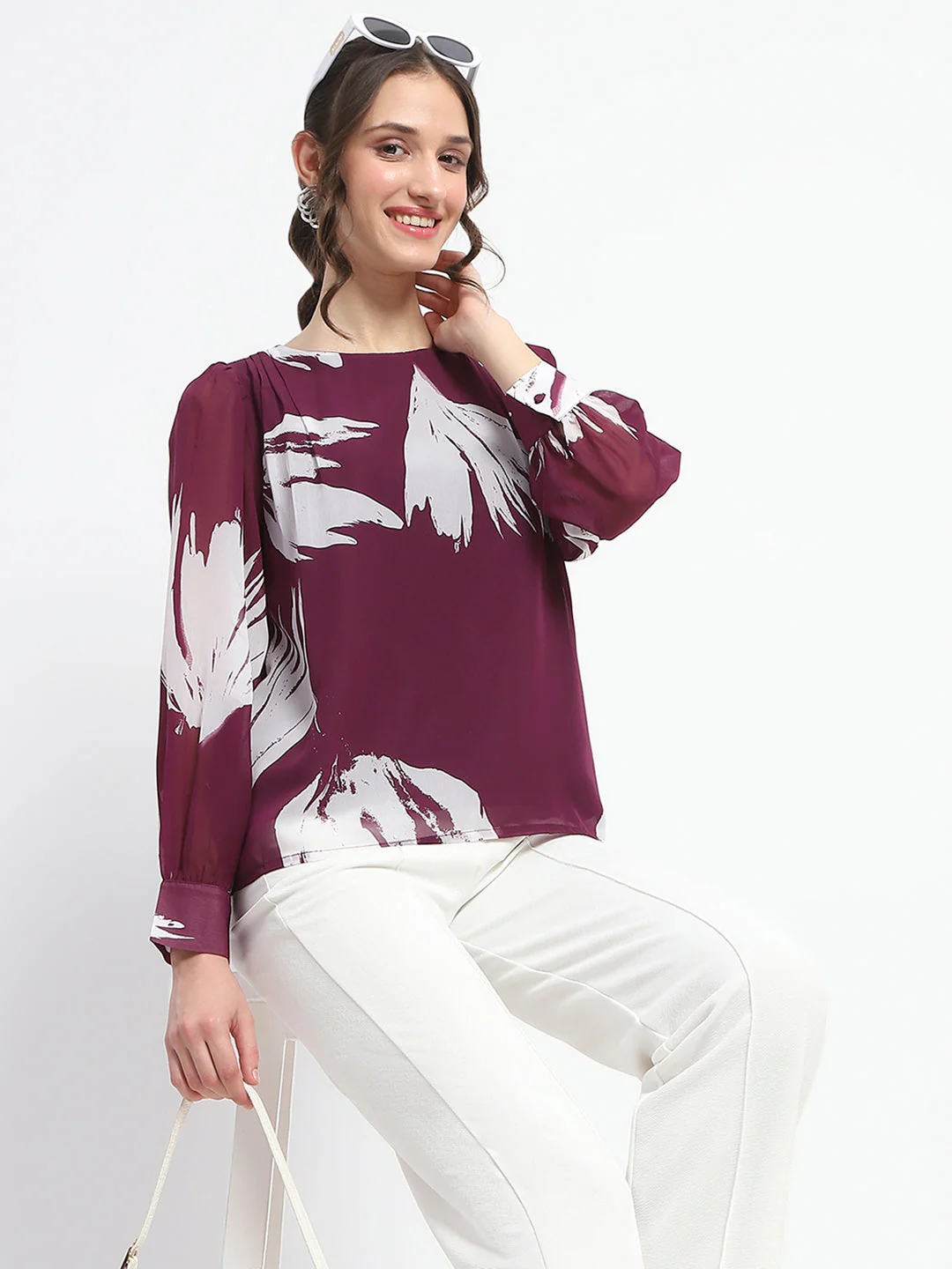 Madame Botanical Print Round Neck Plum Top - Image 2