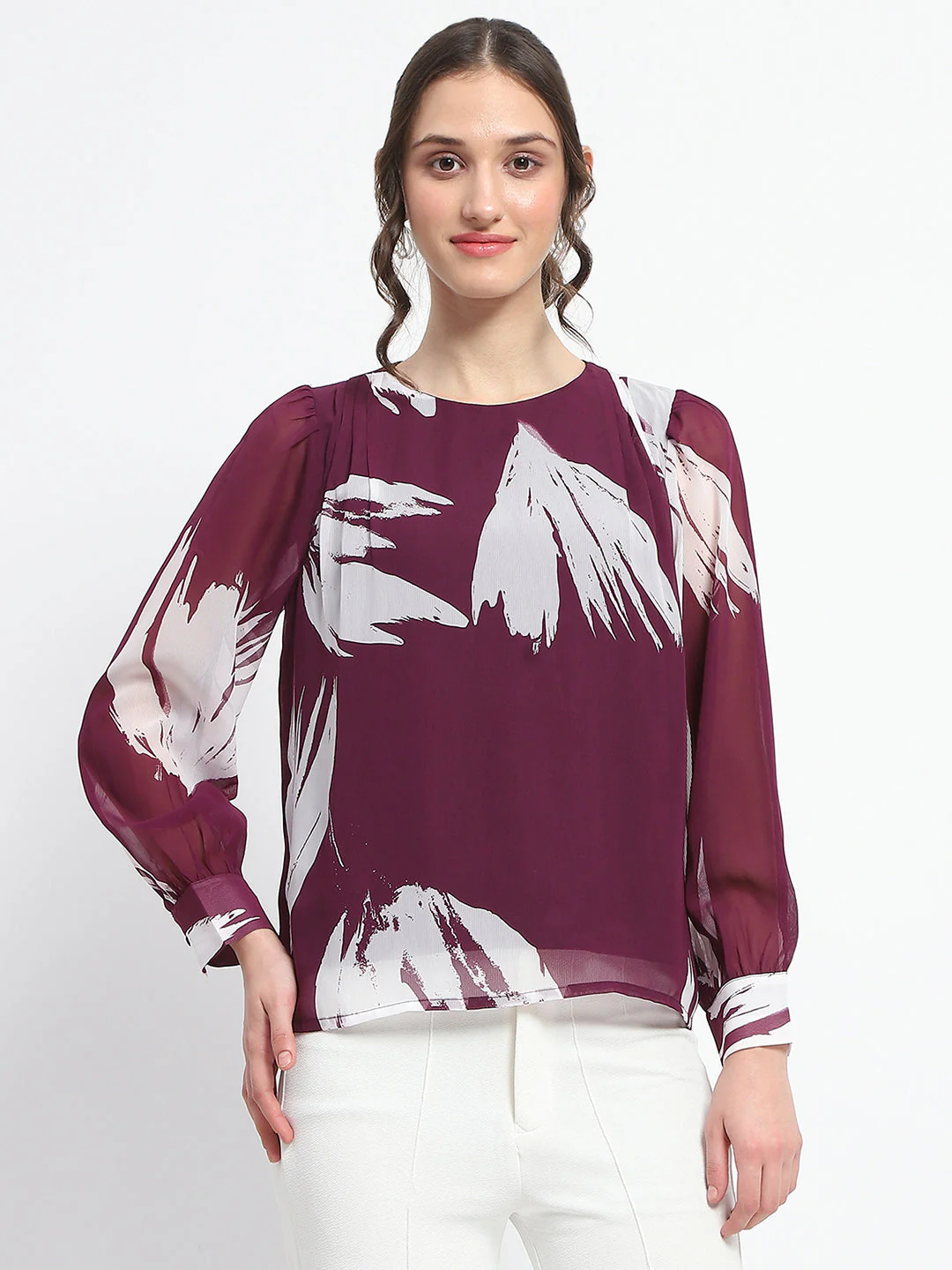 Madame Botanical Print Round Neck Plum Top - Image 3