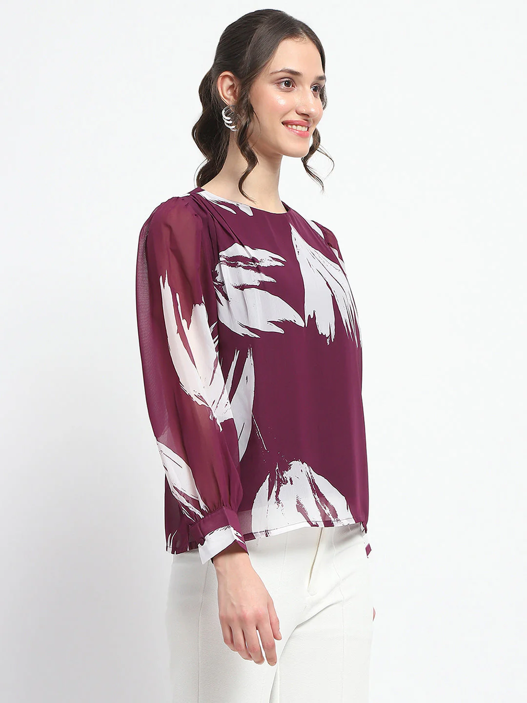 Madame Botanical Print Round Neck Plum Top - Image 4