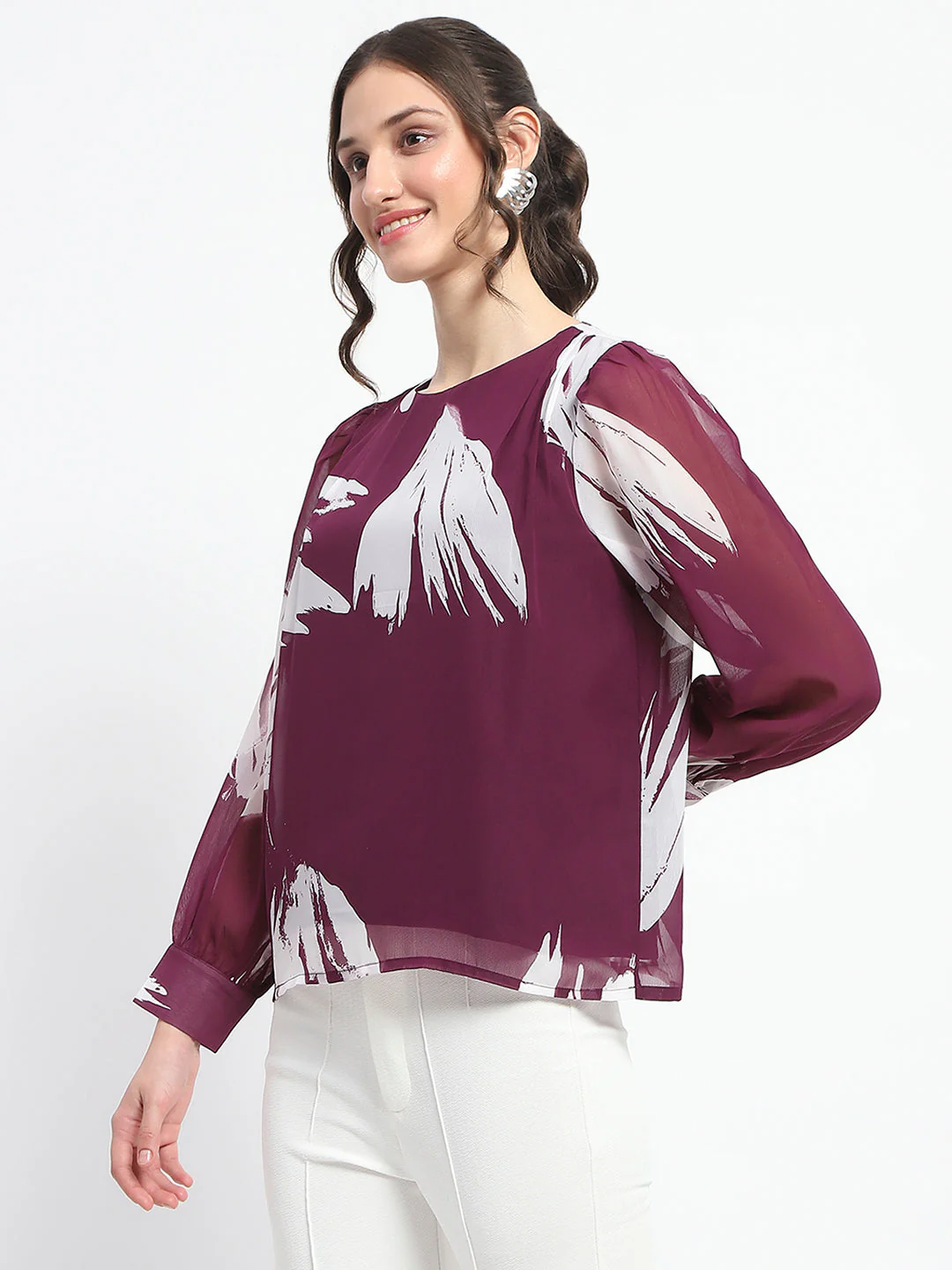 Madame Botanical Print Round Neck Plum Top - Image 5