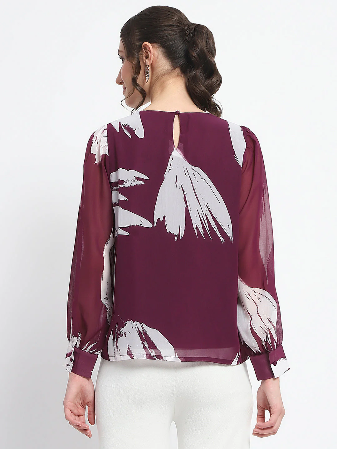 Madame Botanical Print Round Neck Plum Top - Image 6