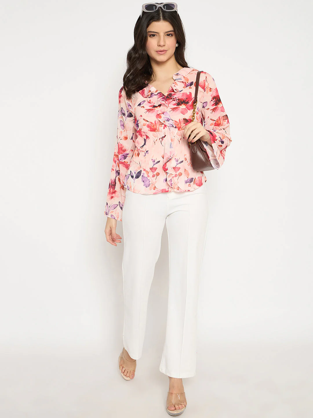 Madame Floral Print Peach Ruffle Cotton Top - Image 2