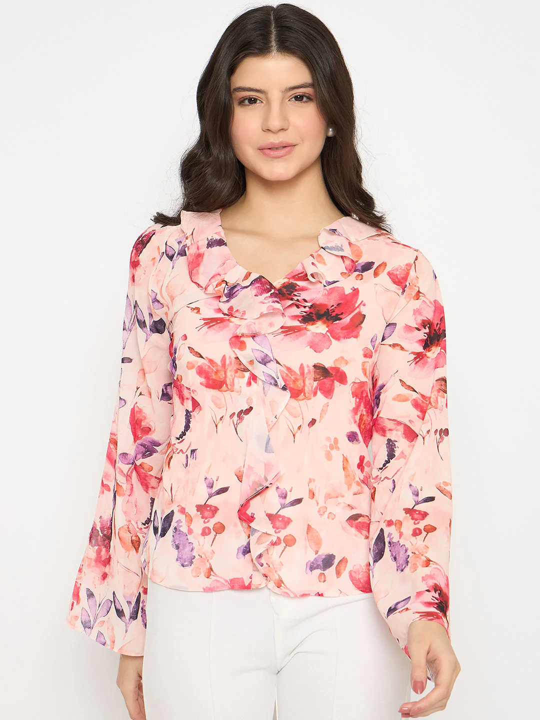 Madame Floral Print Peach Ruffle Cotton Top - Image 3