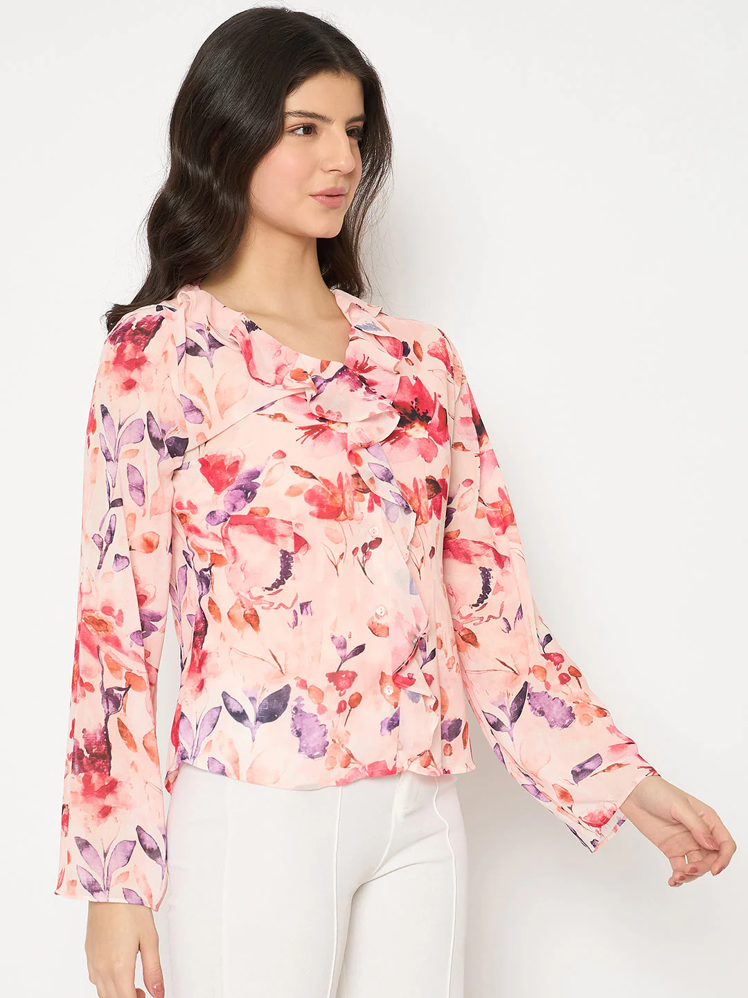 Madame Floral Print Peach Ruffle Cotton Top - Image 4