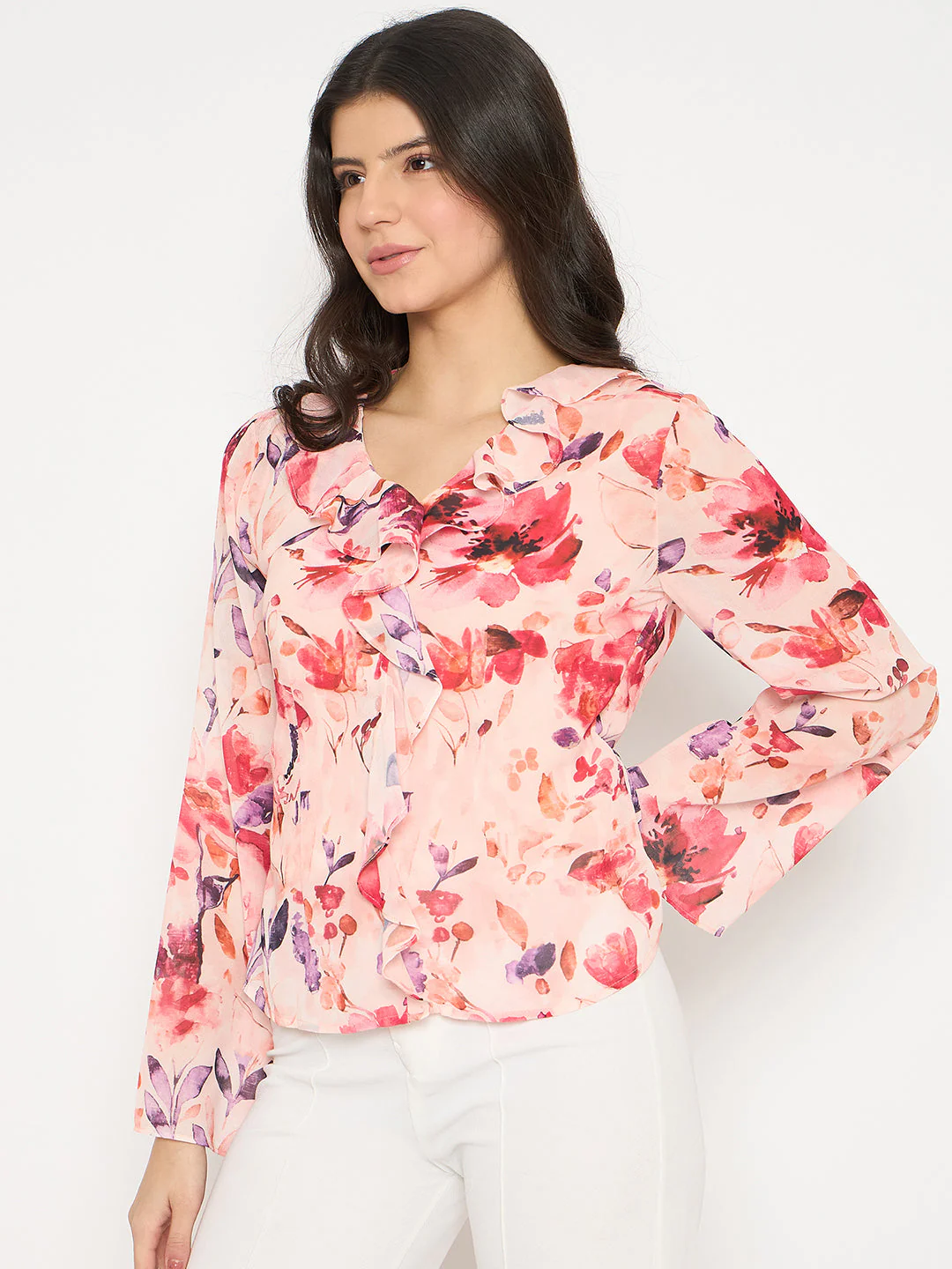 Madame Floral Print Peach Ruffle Cotton Top - Image 5