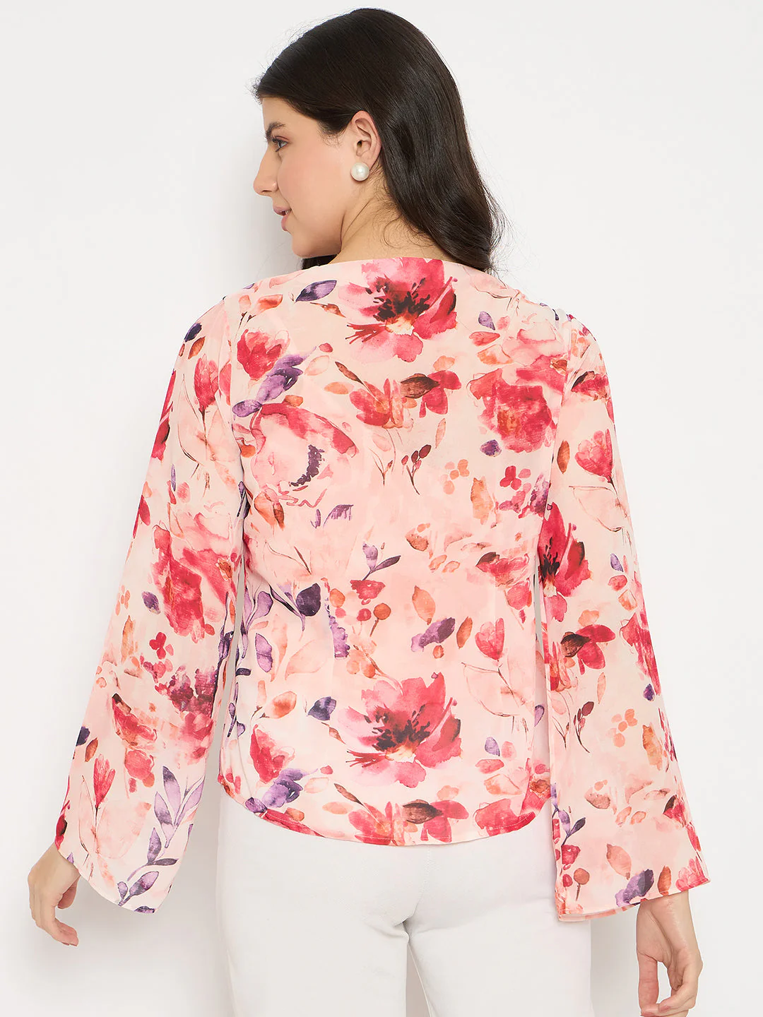 Madame Floral Print Peach Ruffle Cotton Top - Image 6