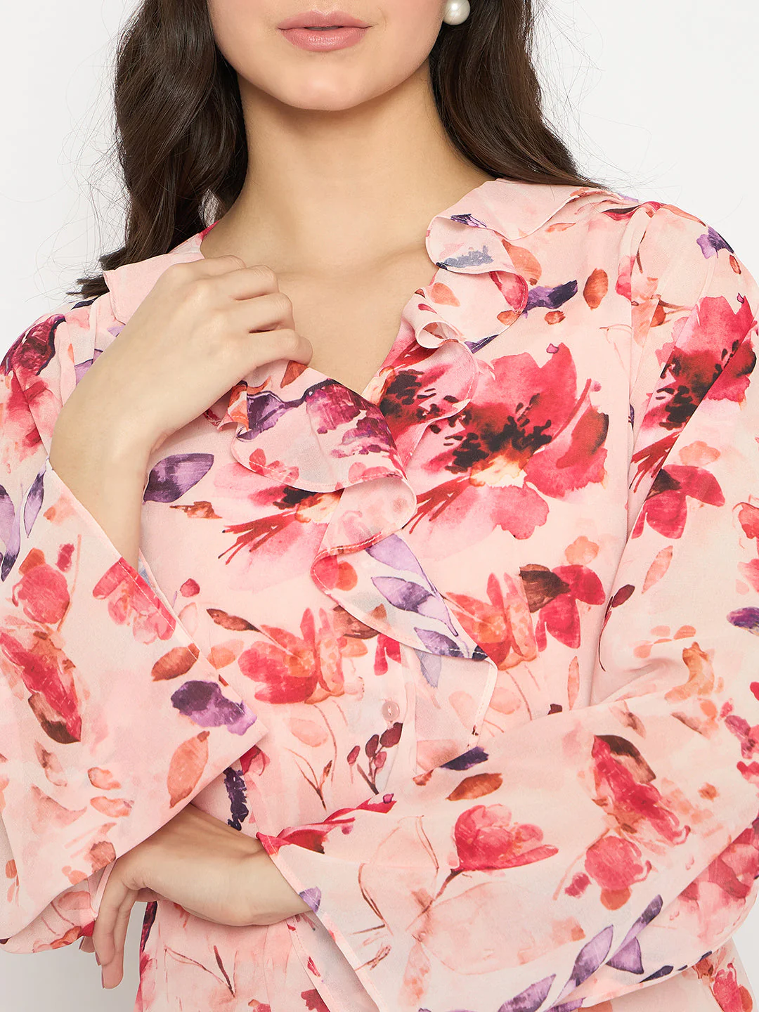 Madame Floral Print Peach Ruffle Cotton Top - Image 7