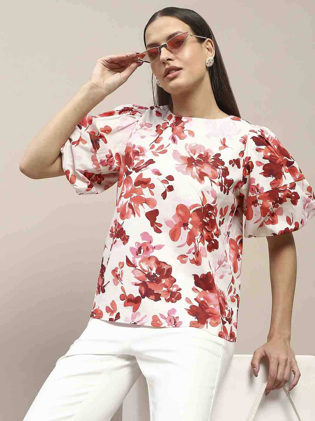 Madame Floral Print Red Cotton Top