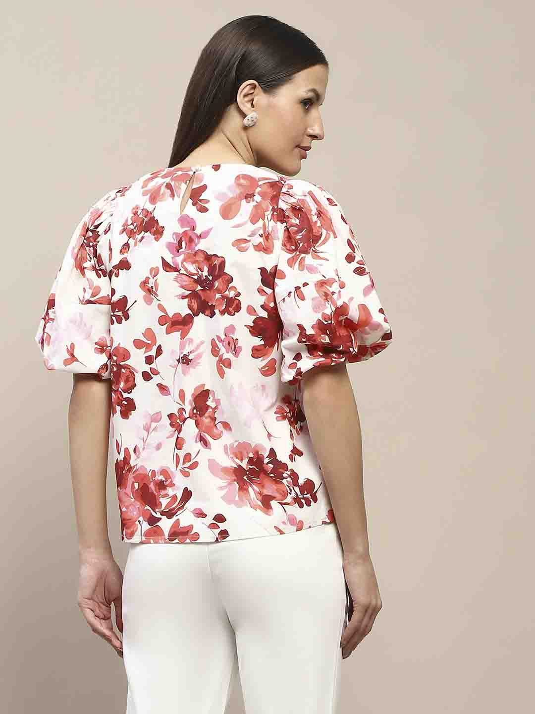 Madame Floral Print Red Cotton Top - Image 6