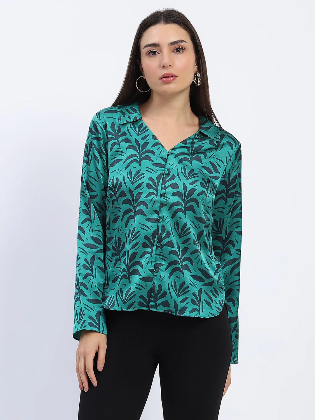 Madame Stylish Teal Green Leaf Print Shirt with Long Sleeves - Image 2
