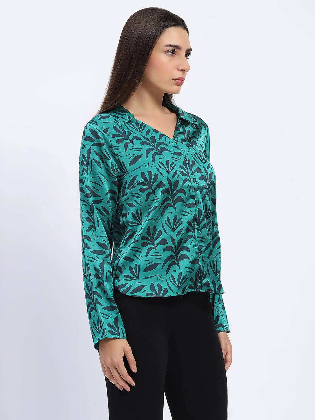 Madame Stylish Teal Green Leaf Print Shirt with Long Sleeves - Image 3