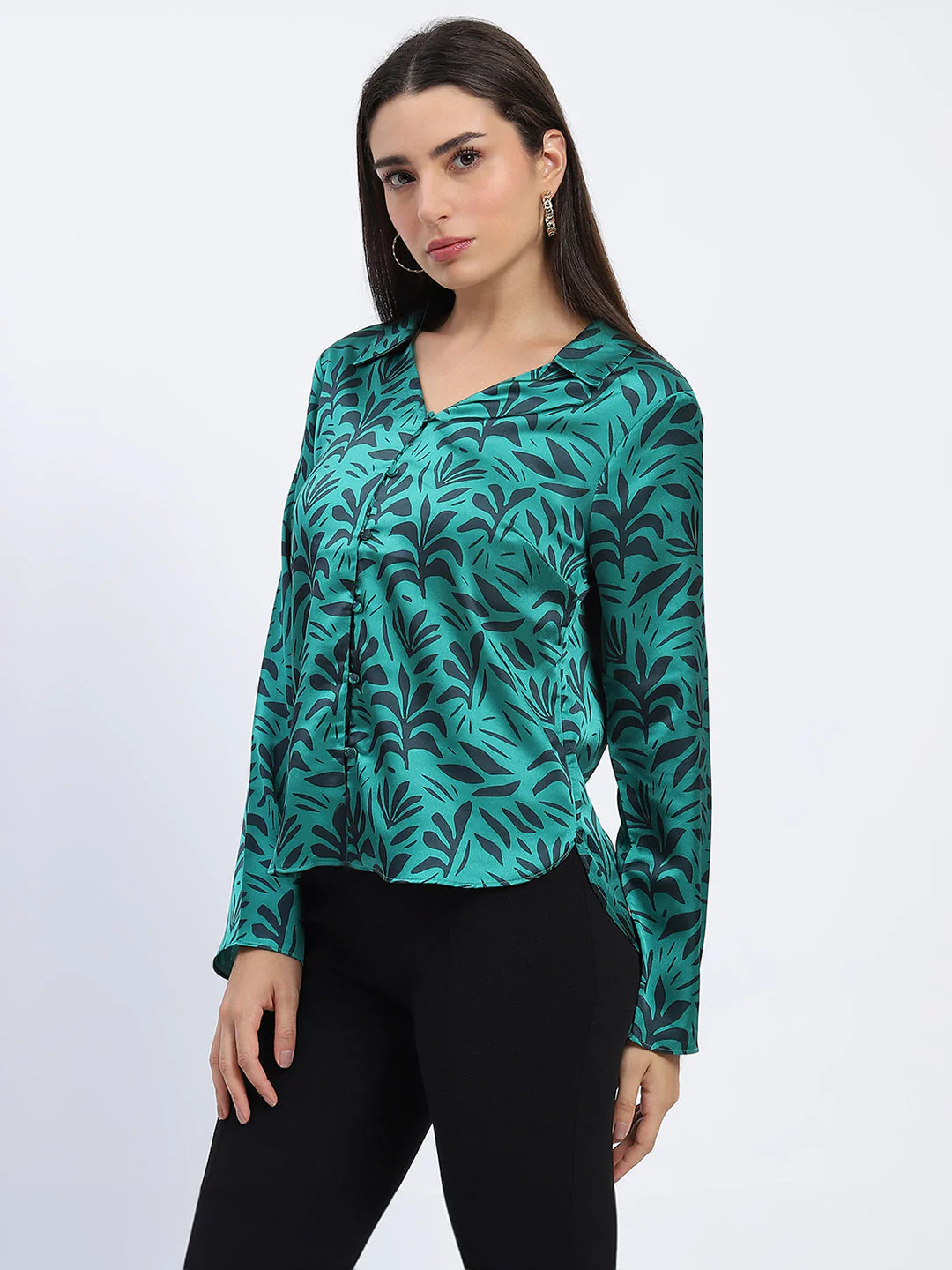 Madame Stylish Teal Green Leaf Print Shirt with Long Sleeves - Image 4