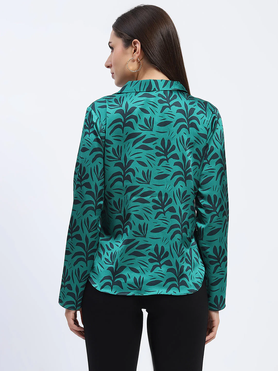 Madame Stylish Teal Green Leaf Print Shirt with Long Sleeves - Image 5