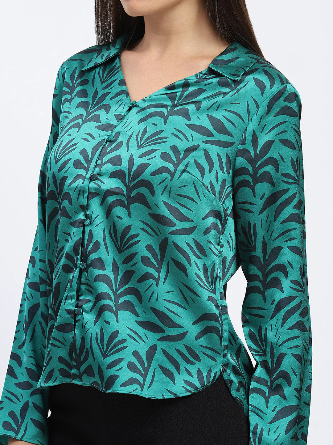 Madame Stylish Teal Green Leaf Print Shirt with Long Sleeves - Image 6