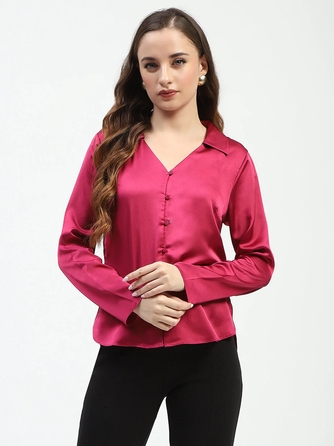 Madame Satin Bell Sleeve Collared Solid Fuschia Top - Image 3