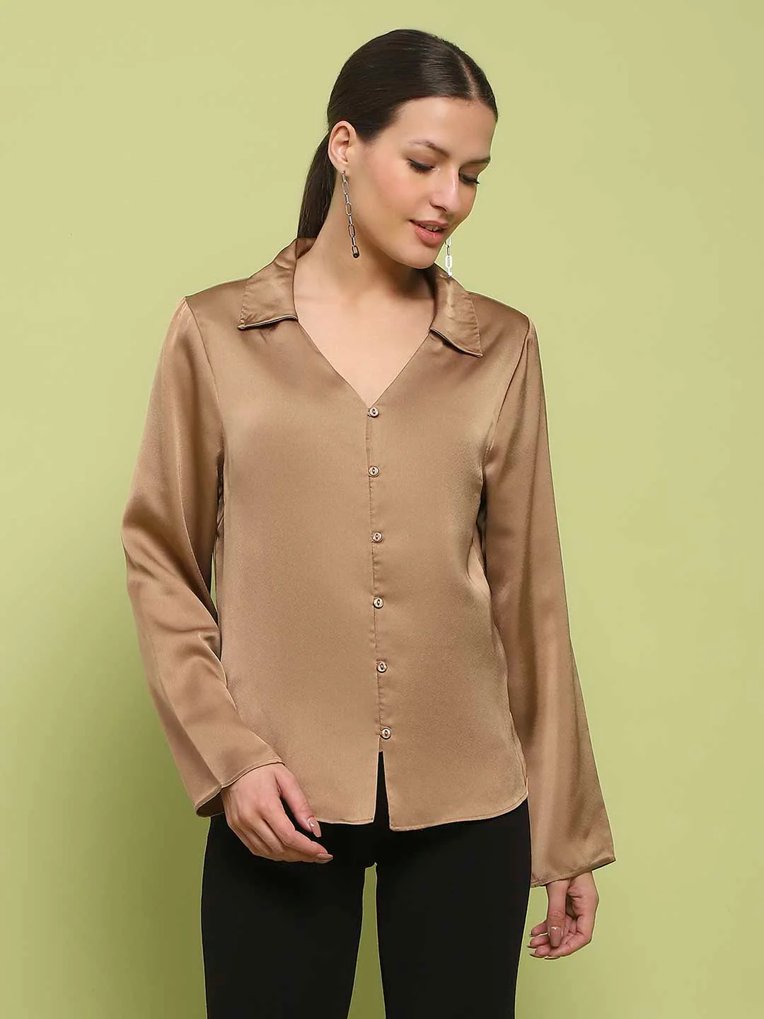Madame Satin Bell Sleeve Collared Solid Golden Yellow Top - Image 3