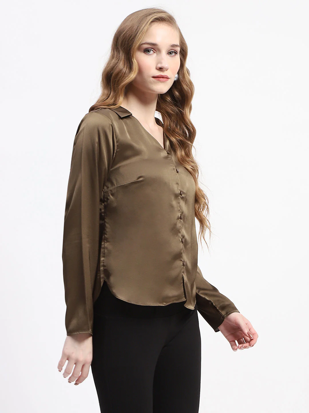 Madame Satin Bell Sleeve Collared Solid Olive Green Top - Image 3