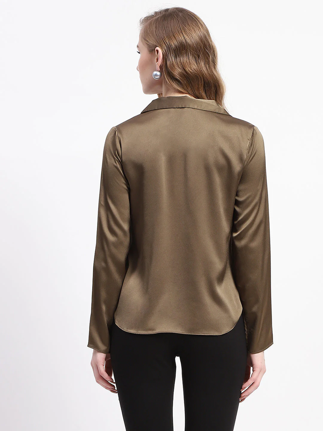 Madame Satin Bell Sleeve Collared Solid Olive Green Top - Image 5