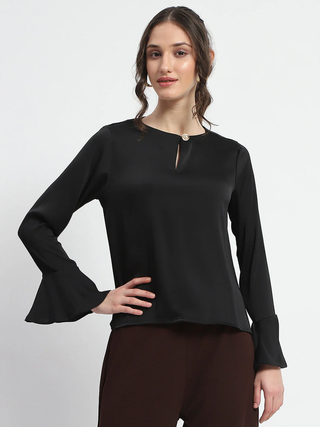 Madame Solid Black Ruffle Sleeve Satin Top - Image 3