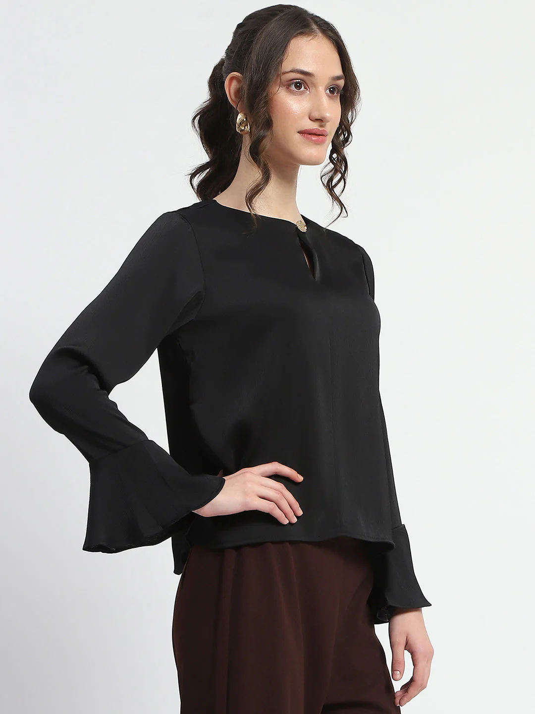 Madame Solid Black Ruffle Sleeve Satin Top - Image 5