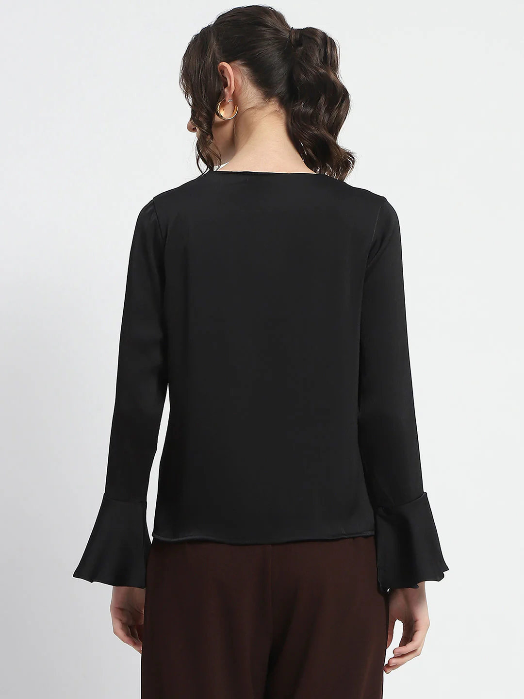 Madame Solid Black Ruffle Sleeve Satin Top - Image 6