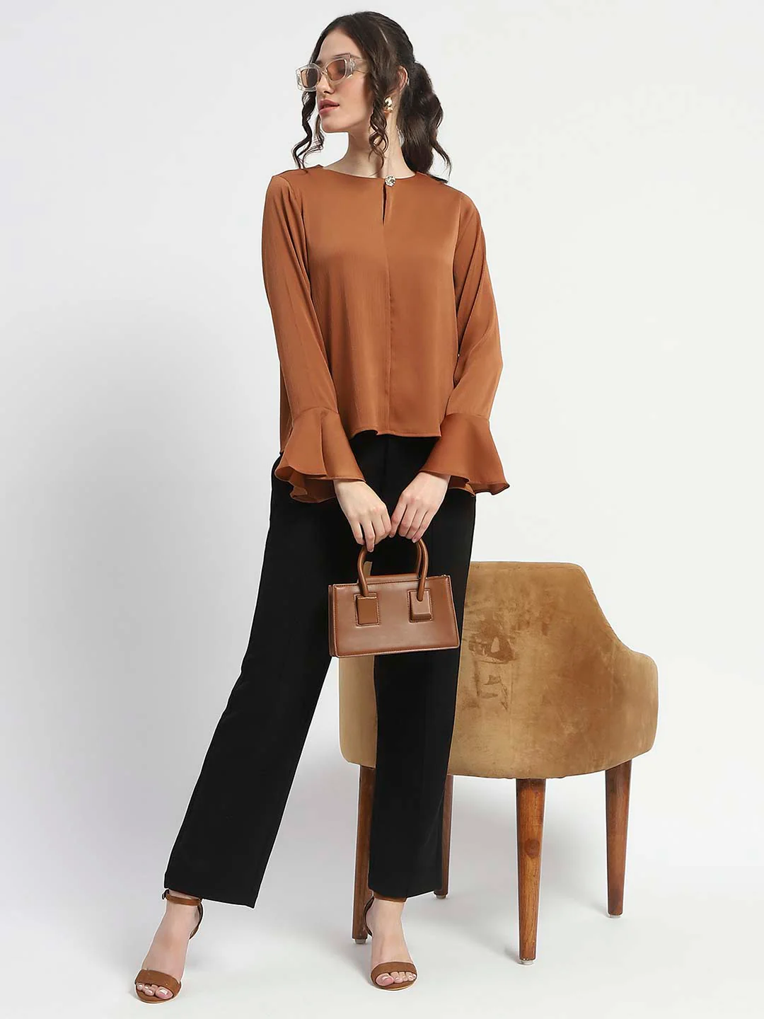 Madame Solid Golden Ruffle Sleeve Satin Top - Image 2