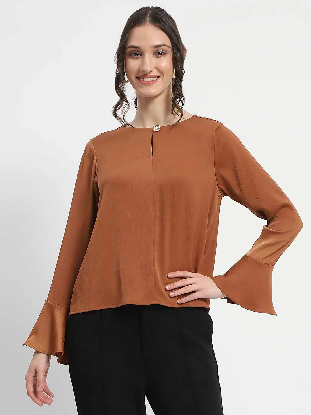 Madame Solid Golden Ruffle Sleeve Satin Top - Image 3