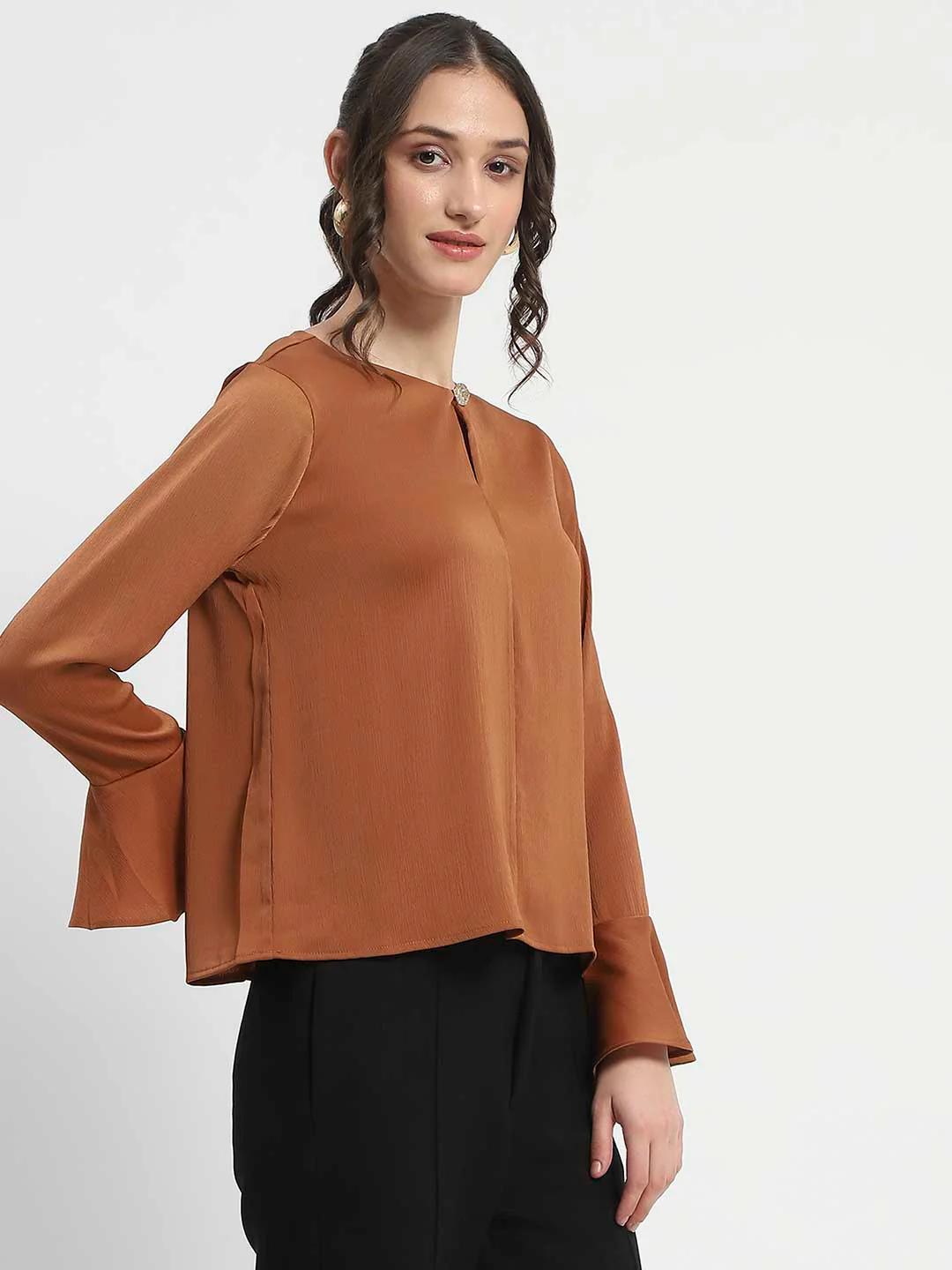 Madame Solid Golden Ruffle Sleeve Satin Top - Image 4