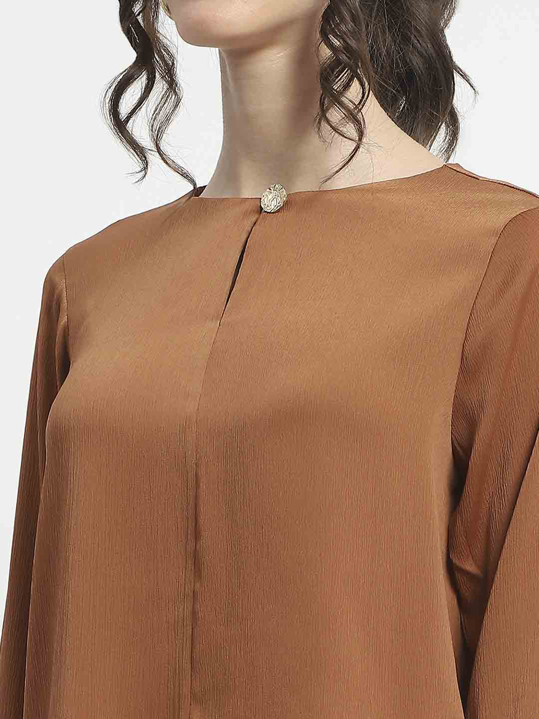 Madame Solid Golden Ruffle Sleeve Satin Top - Image 7
