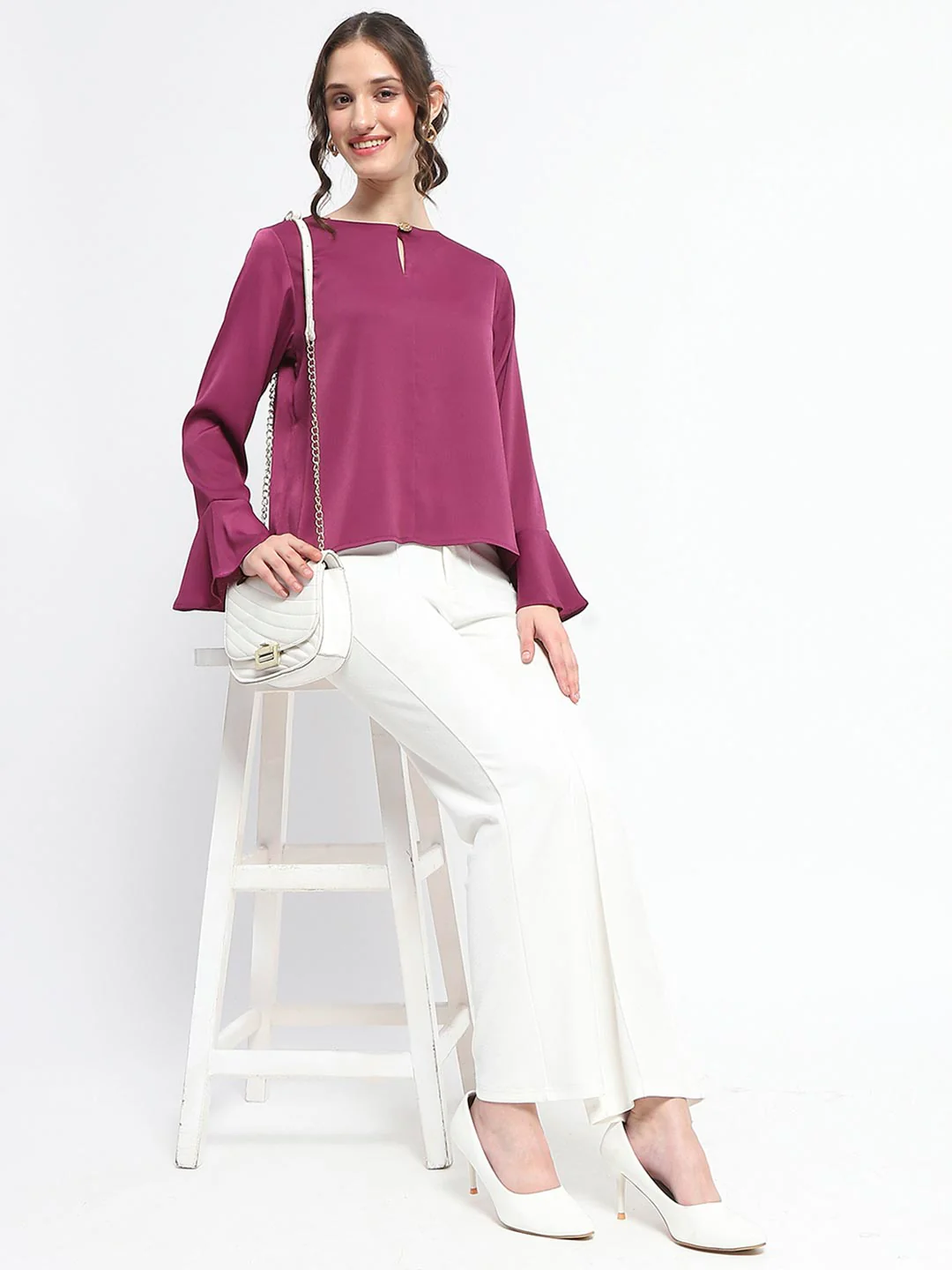 Madame Solid Plum Ruffle Sleeve Satin Top - Image 2
