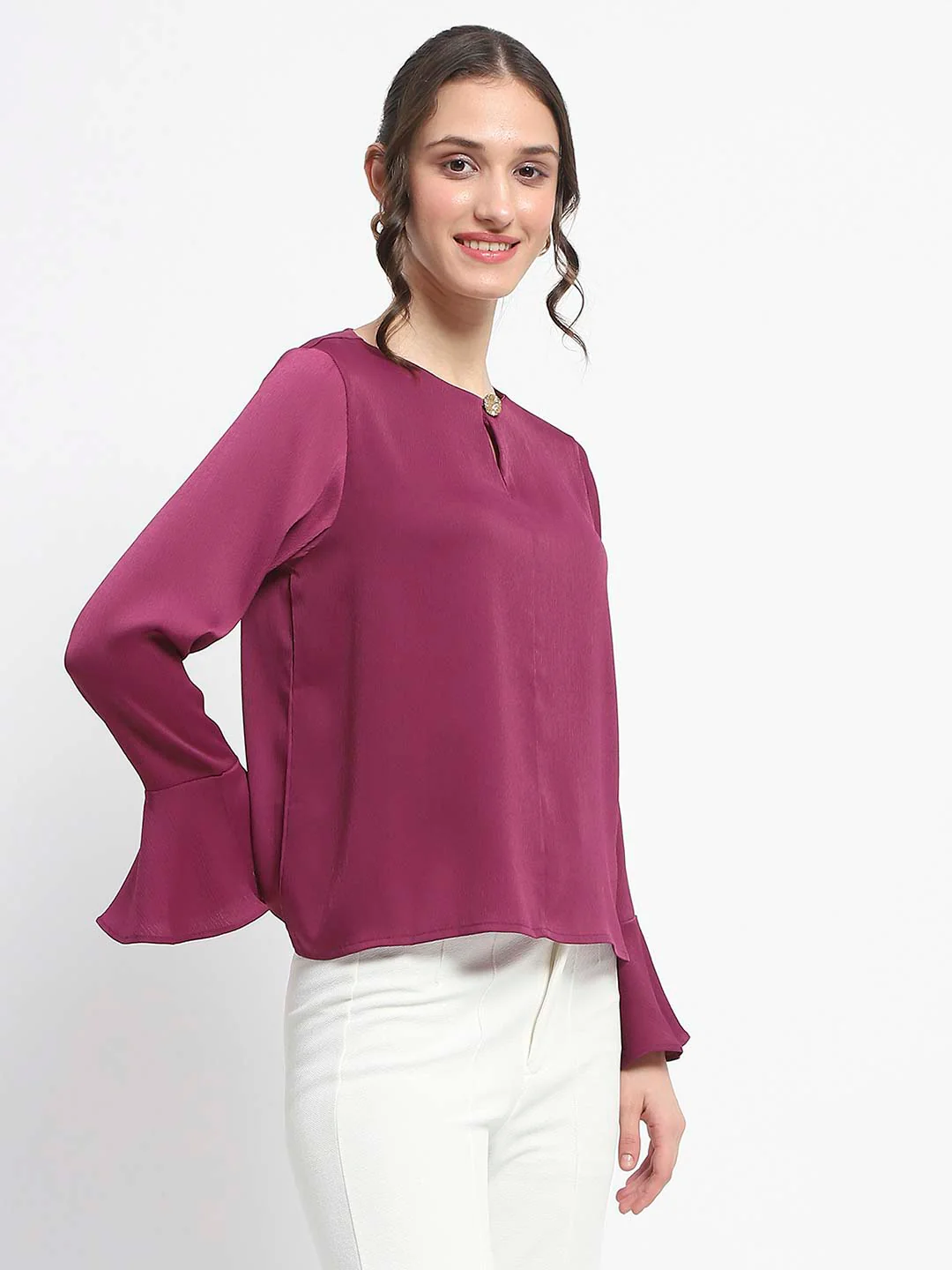 Madame Solid Plum Ruffle Sleeve Satin Top - Image 4