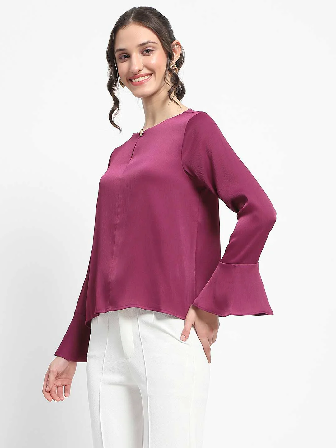 Madame Solid Plum Ruffle Sleeve Satin Top - Image 5
