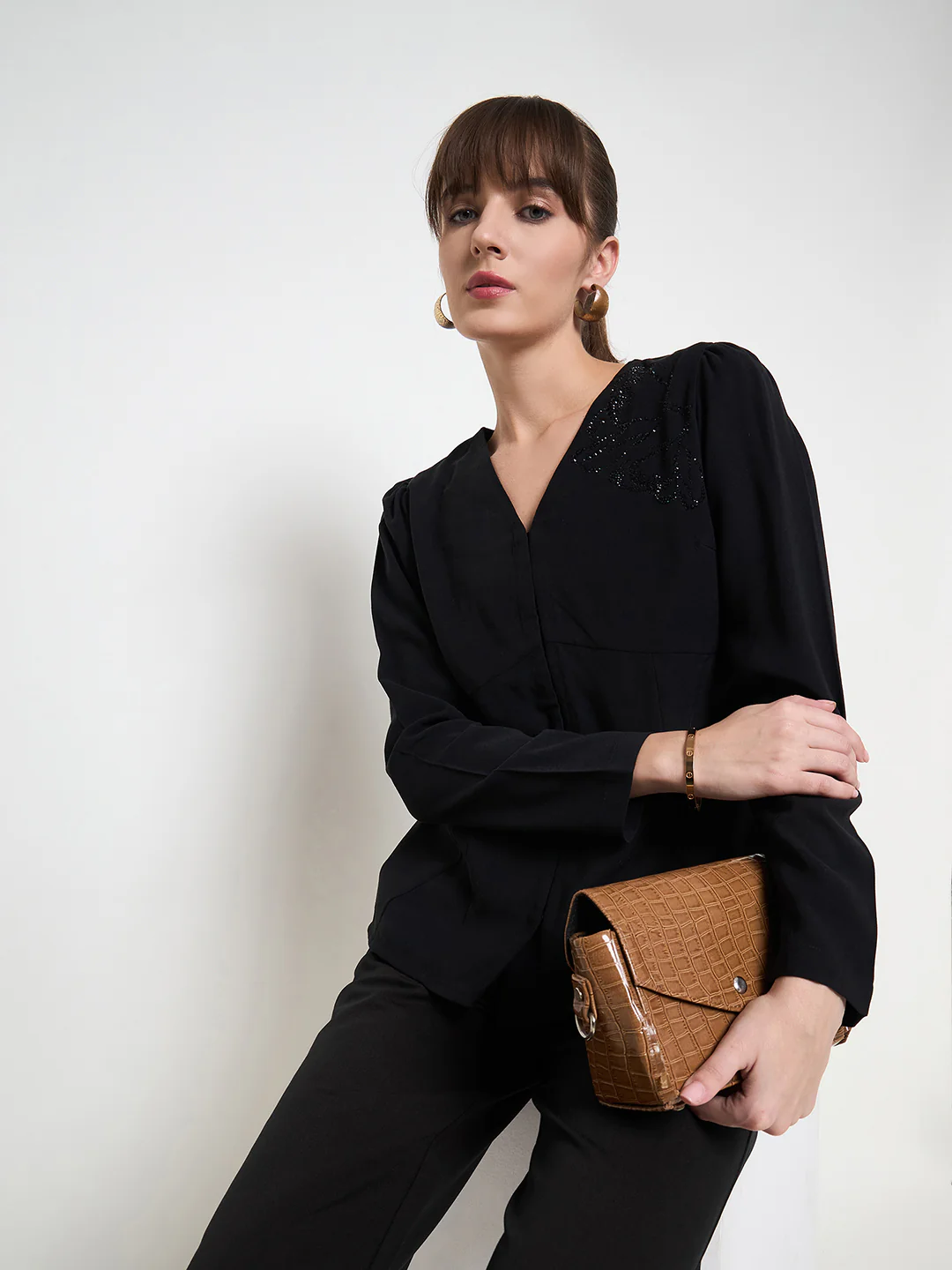 Madame Swarovski Detailed V Neck Solid Black Top - Image 2