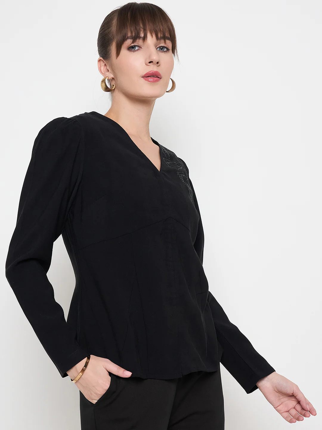 Madame Swarovski Detailed V Neck Solid Black Top - Image 4