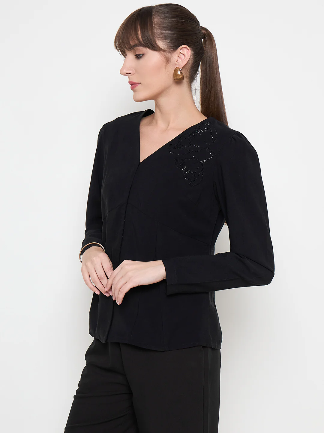 Madame Swarovski Detailed V Neck Solid Black Top - Image 5