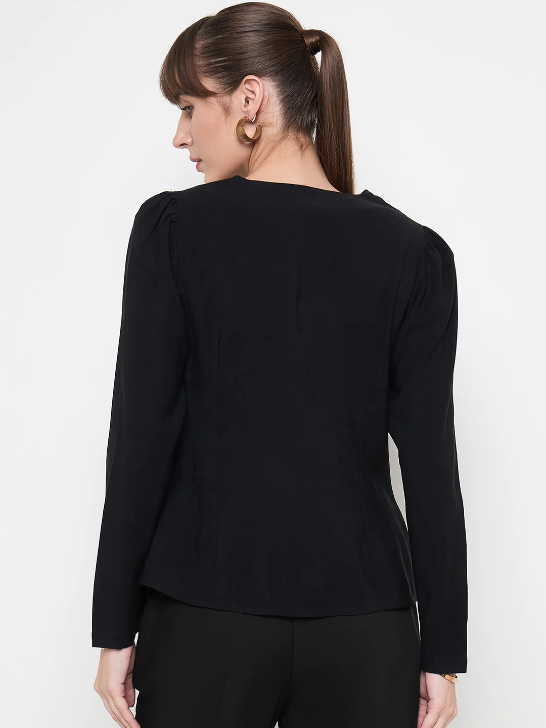 Madame Swarovski Detailed V Neck Solid Black Top - Image 6