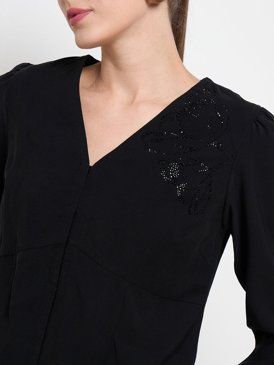 Madame Swarovski Detailed V Neck Solid Black Top - Image 7