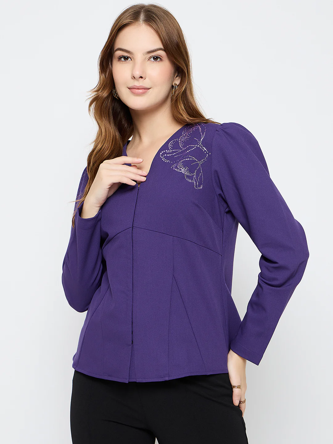 Madame Puffed Shoulders Peplum Waist Purple Top - Image 3