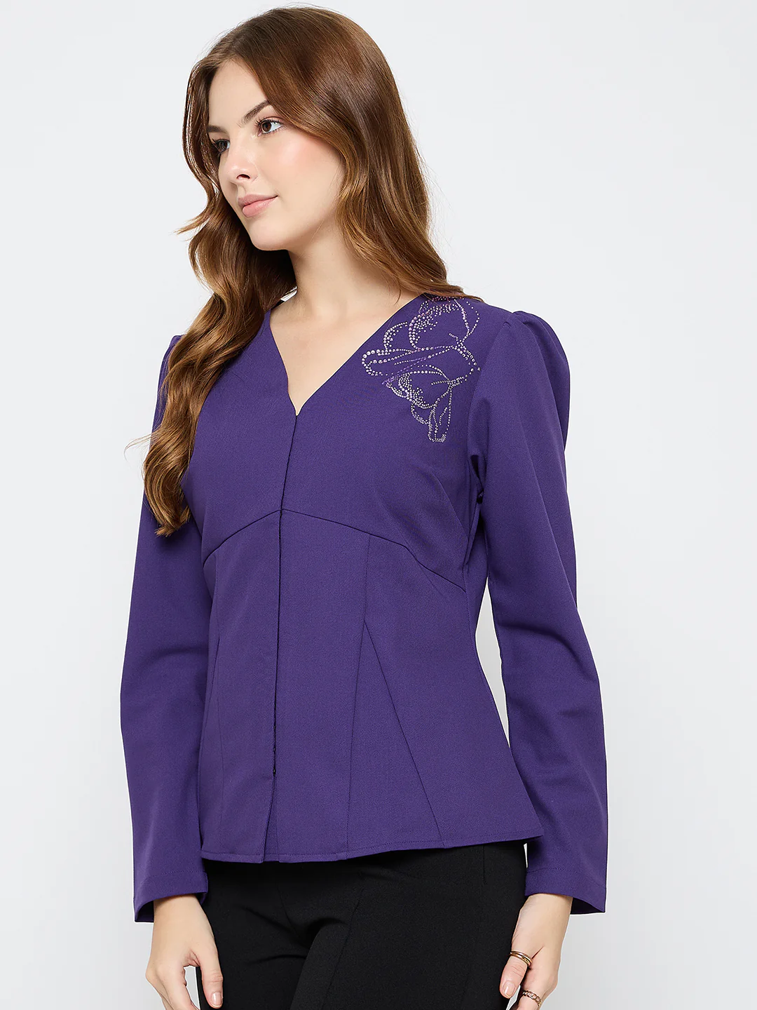 Madame Puffed Shoulders Peplum Waist Purple Top - Image 5