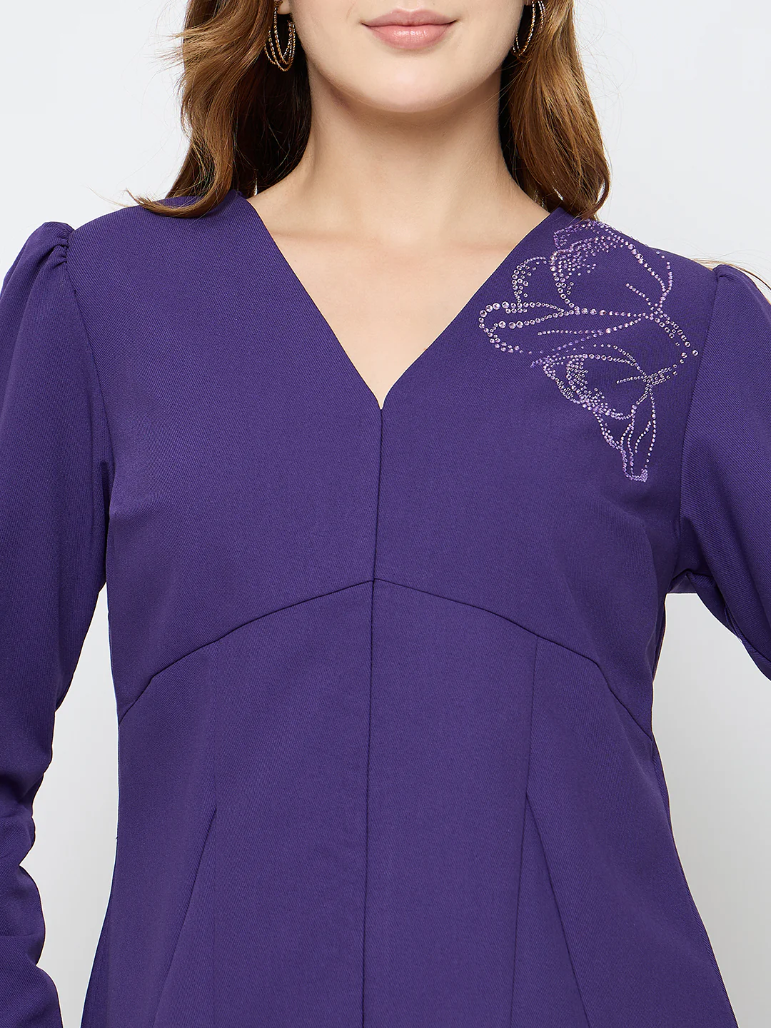 Madame Puffed Shoulders Peplum Waist Purple Top - Image 7