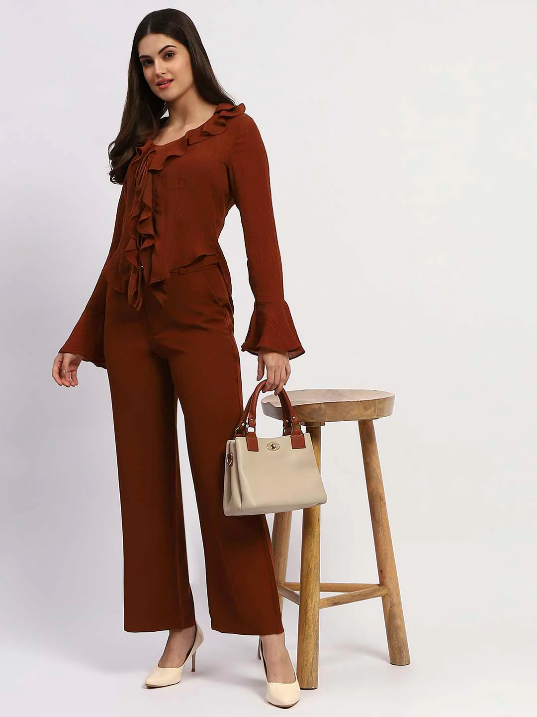 Madame Solid Rust Ruffle Neck Bell Sleeve Top - Image 2
