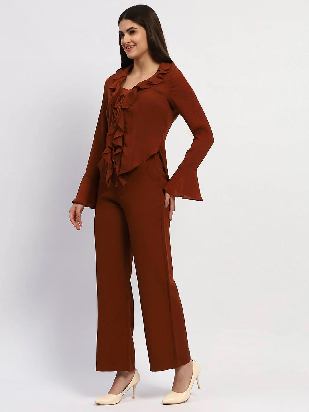 Madame Solid Rust Ruffle Neck Bell Sleeve Top - Image 3