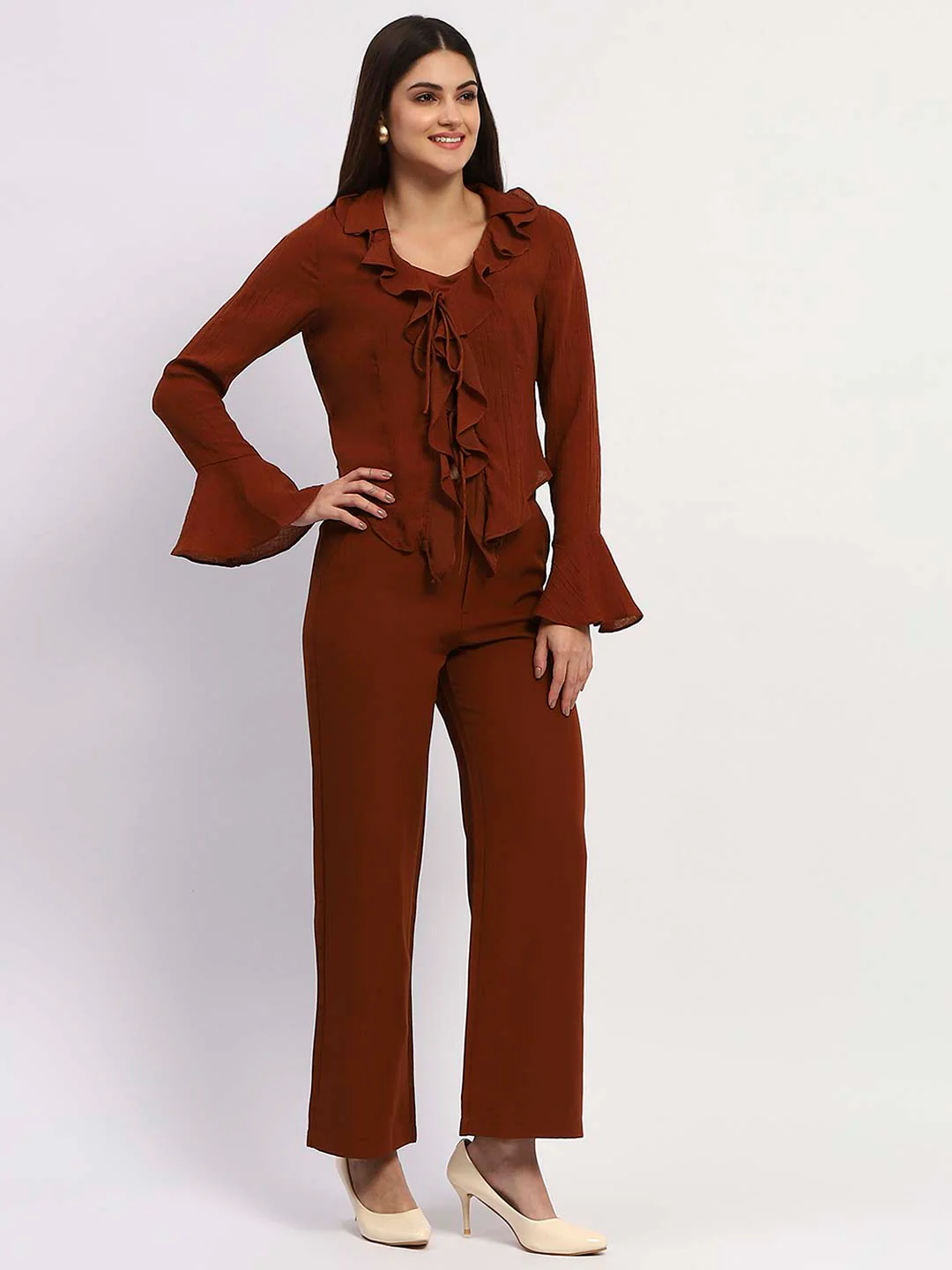Madame Solid Rust Ruffle Neck Bell Sleeve Top - Image 4