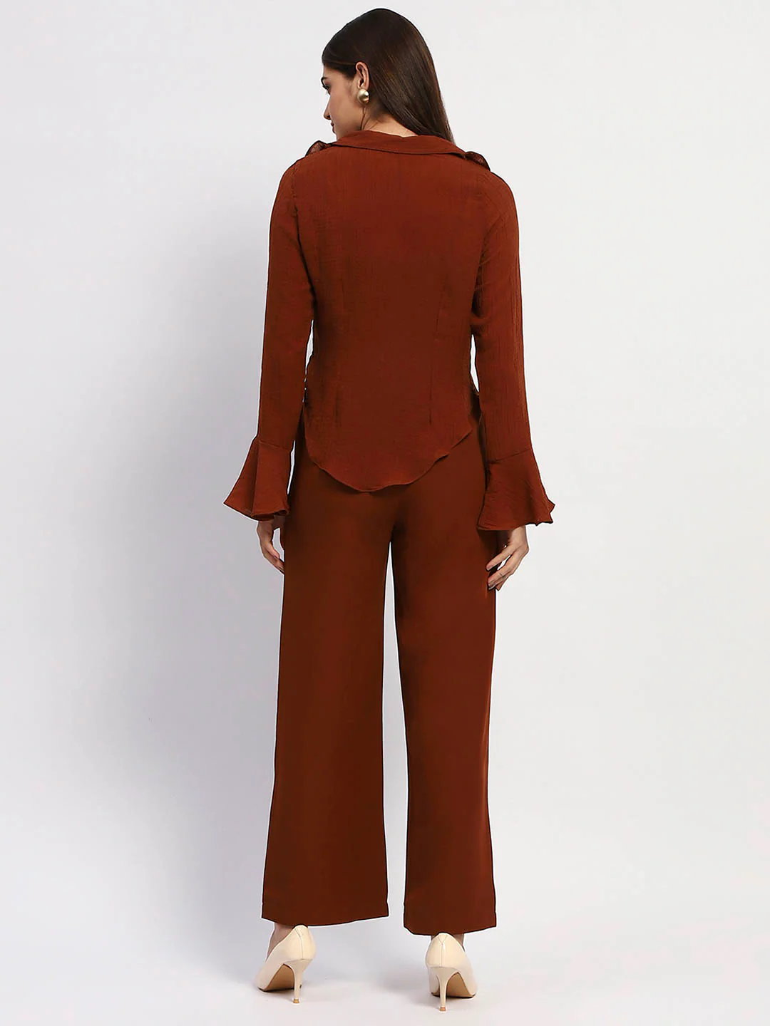 Madame Solid Rust Ruffle Neck Bell Sleeve Top - Image 5