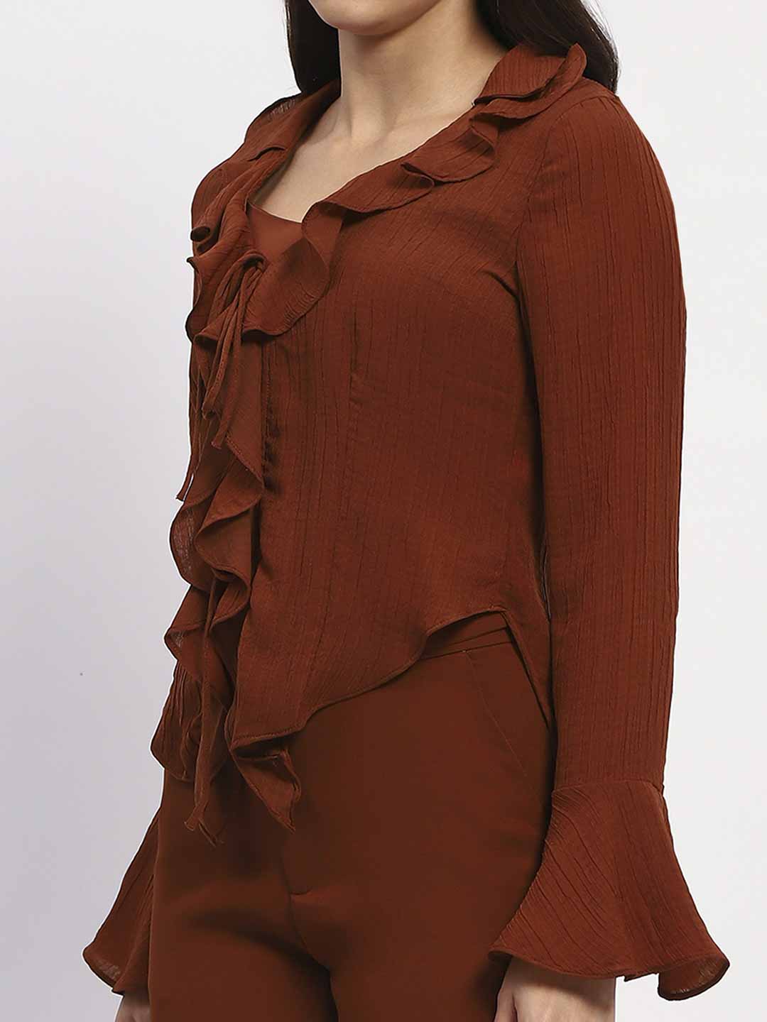 Madame Solid Rust Ruffle Neck Bell Sleeve Top - Image 6