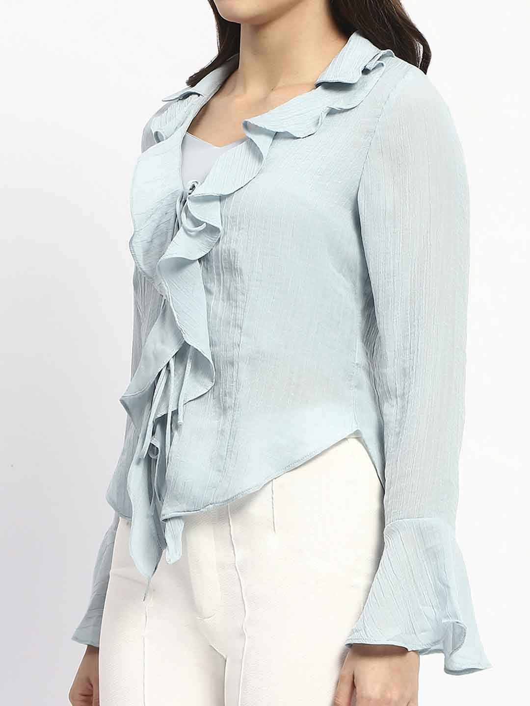 Madame Solid Sky Blue Ruffle Neck Bell Sleeve Top - Image 6