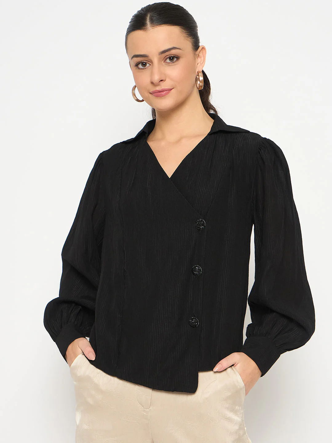 Madame Black Asymmetrical Hemline Rayon Blend Shirt - Image 3