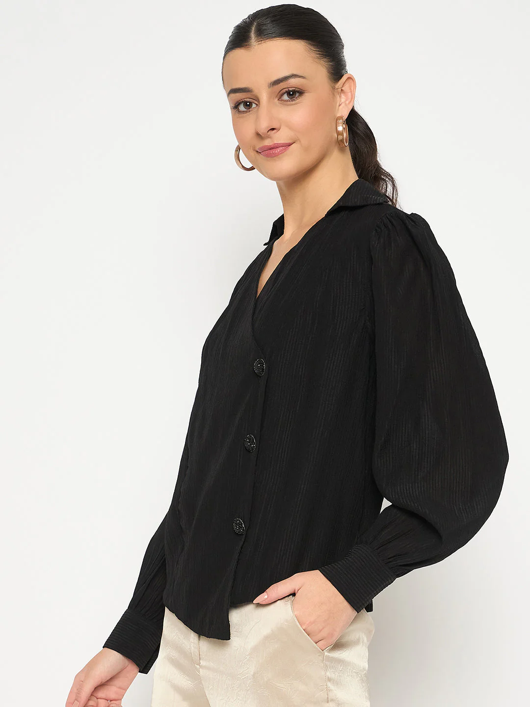 Madame Black Asymmetrical Hemline Rayon Blend Shirt - Image 5